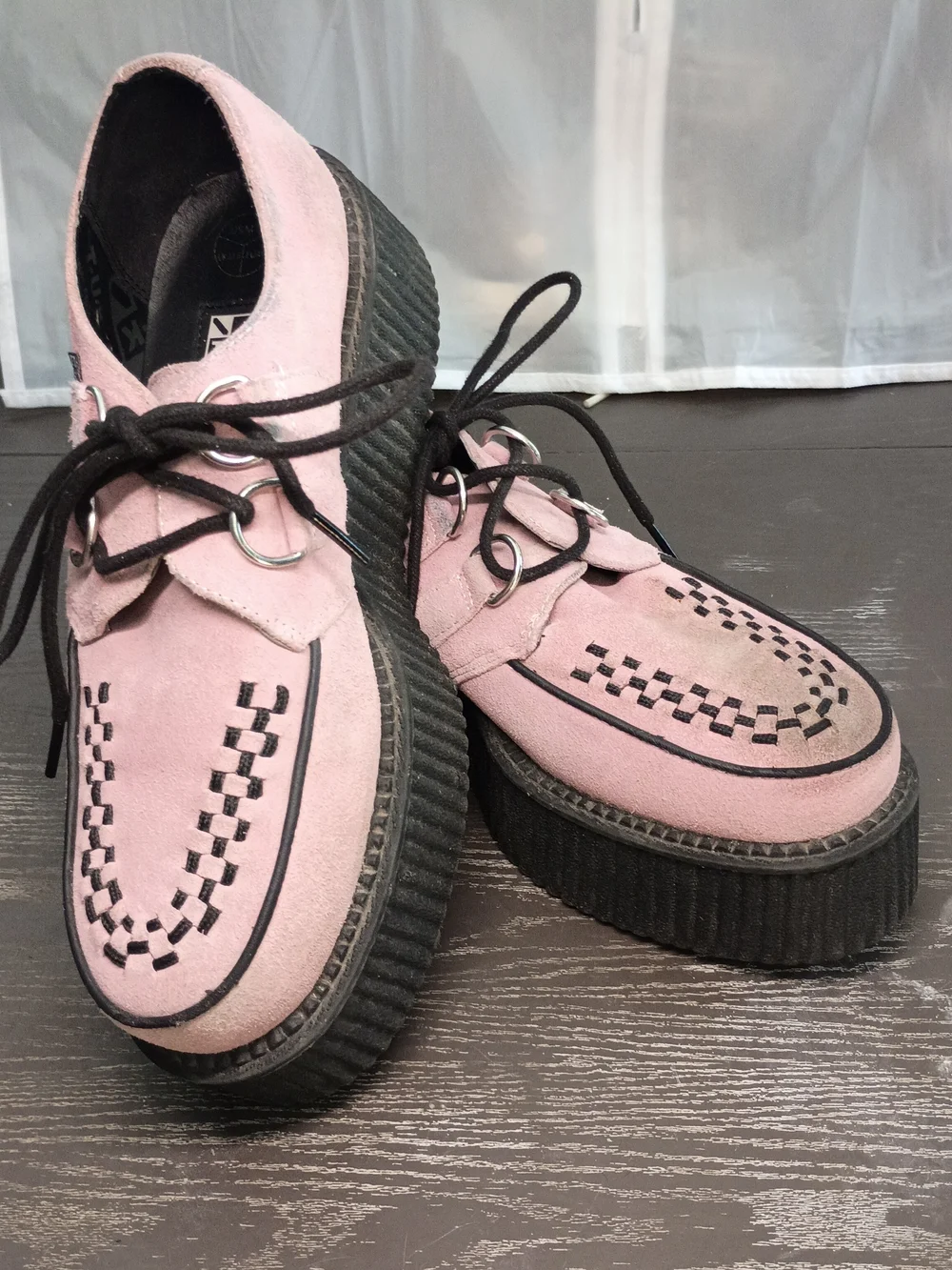 T.U.K Pink Suede Platform Creeper with Black Lug 1.5 Inch Sole. Good Condition.
